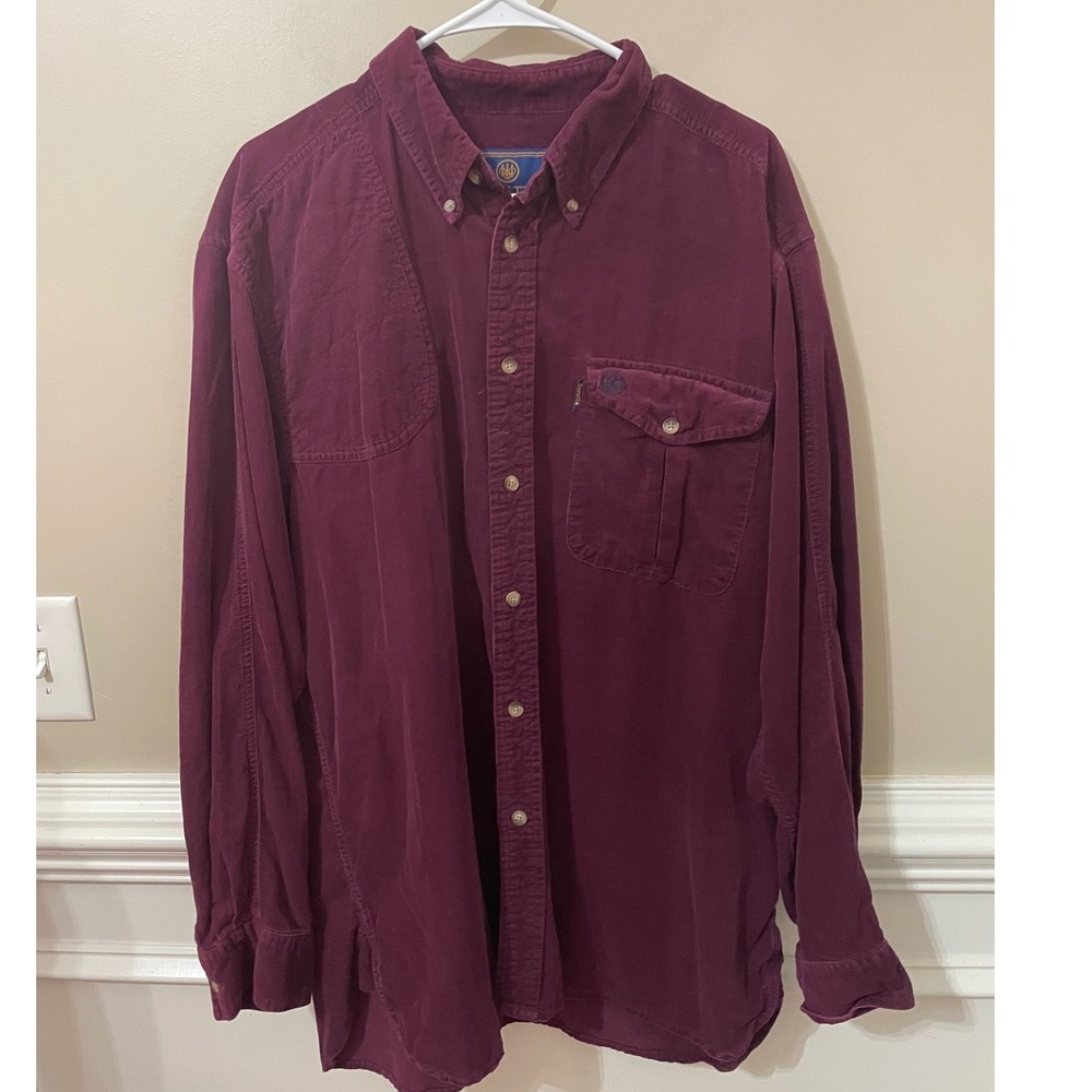 Beretta Mens XL Burgundy Corduroy Shooting Shirt Quilted Shoulder Patch Cotton